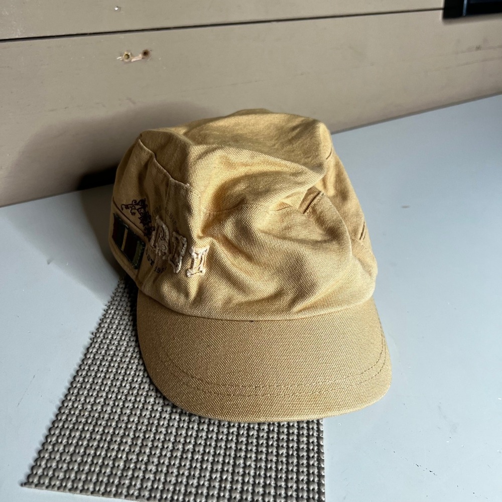 REI Tan Organic Cotton Canvas Military Cadet Hat Flat Top Cap with Enamel Pin